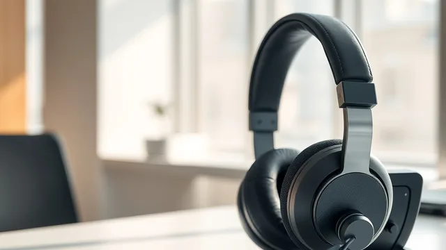 Primer plano minimalista de un auricular de comunicación profesional sobre un escritorio moderno, simbolizando el equilibrio entre la tecnología de atención al