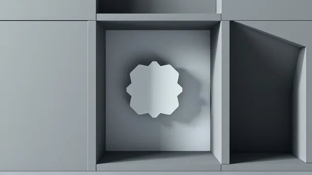 Composición minimalista de piezas arquitectónicas modulares que encajan perfectamente, representando la precisión del software a medida frente al software